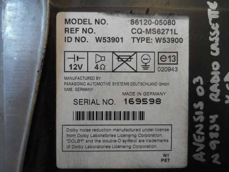 SISTEMA AUDIO RADIO CD TOYOTA AVENSIS BERLINA 2003 2.0 TURBODIESEL (116 CV)