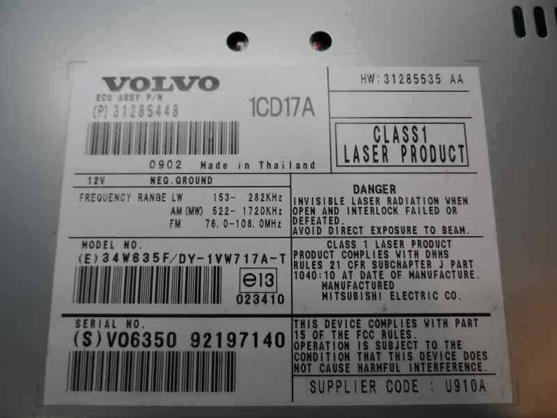 SISTEMA AUDIO RADIO CD VOLVO C30 2009 2.0 D (136 CV)