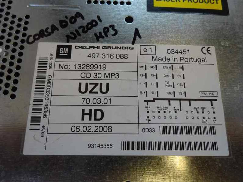 SISTEMA AUDIO RADIO CD OPEL CORSA D 2009 1.3 16V CDTI (75 CV)