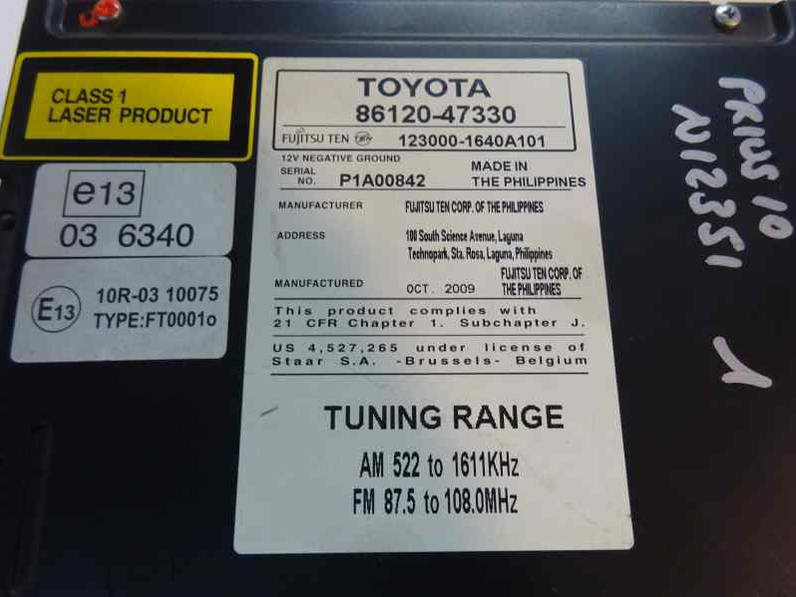 SISTEMA AUDIO RADIO CD TOYOTA PRIUS 2010 1.8 16V (99 CV)