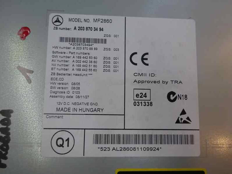 SISTEMA AUDIO RADIO CD MERCEDES CLASE CLC CLC 2009 1.8 (143 CV)