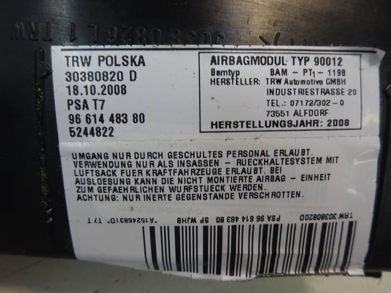 AIRBAG DELANTERO IZQUIERDO PEUGEOT 308 SW 2008 1.6 HDI FAP (109 CV)