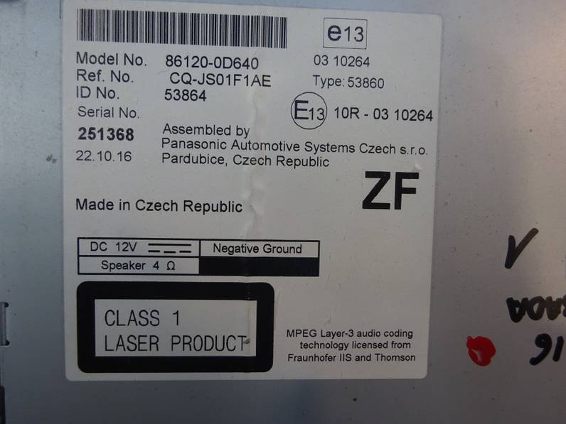 SISTEMA AUDIO RADIO CD TOYOTA YARIS 2016 1.0 (69 CV)