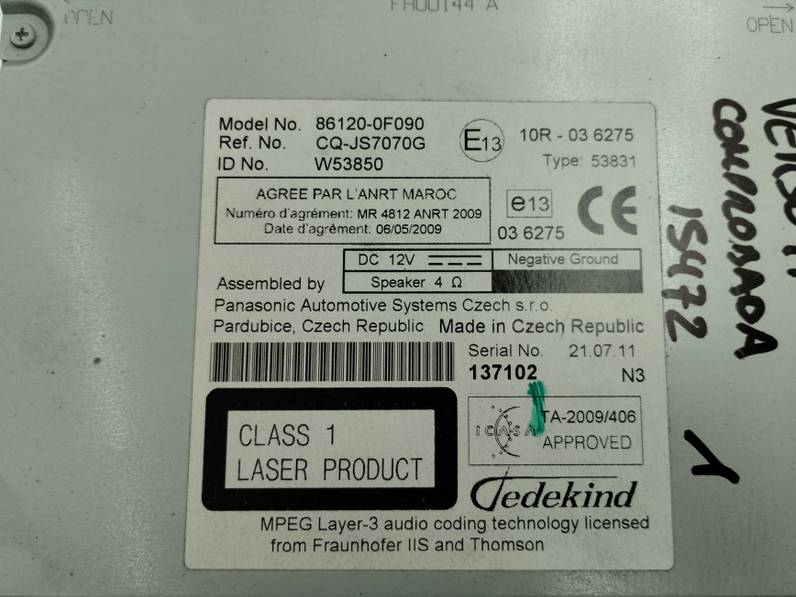 SISTEMA AUDIO RADIO CD TOYOTA VERSO 2011 1.6 16V (132 CV)