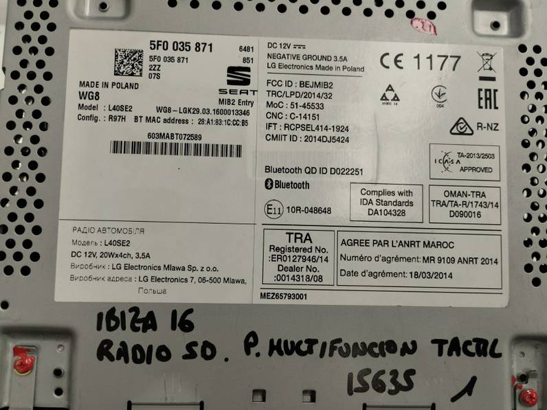 SISTEMA AUDIO RADIO CD SEAT IBIZA 2016 1.2 TSI (90 CV)