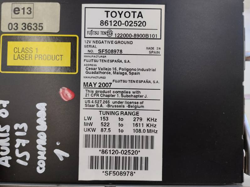SISTEMA AUDIO RADIO CD TOYOTA AURIS 2007 1.4 16V (97 CV)