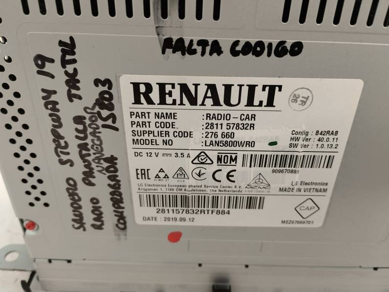 SISTEMA AUDIO RADIO CD DACIA SANDERO 2019 0.9 TCE (90 CV)