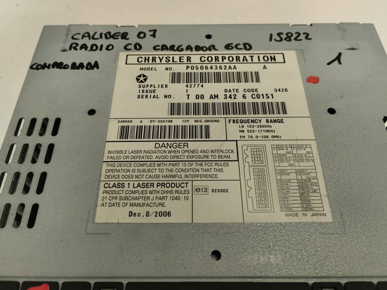 SISTEMA AUDIO RADIO CD DODGE CALIBER 2007 2.0 16V CRD (140 CV)