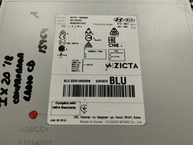 SISTEMA AUDIO RADIO CD HYUNDAI IX20 2018 1.4 (90 CV)