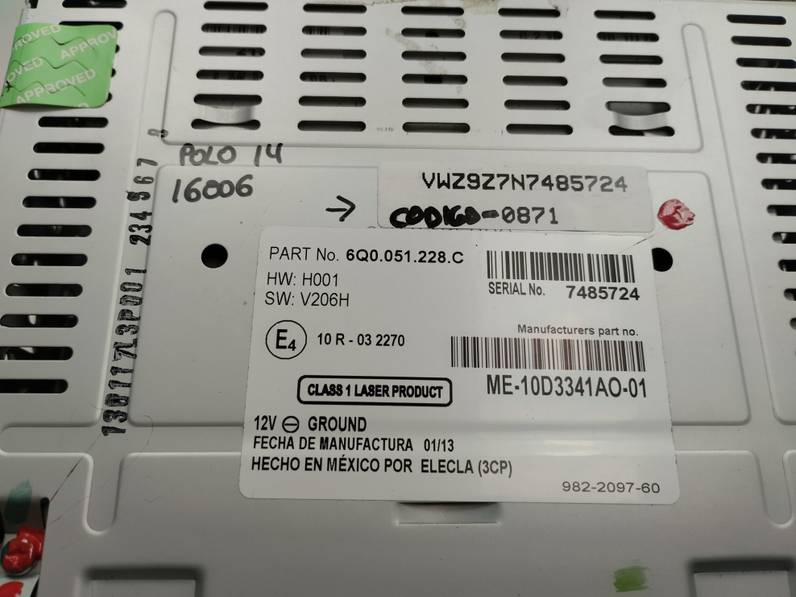 SISTEMA AUDIO RADIO CD VOLKSWAGEN POLO 2014 1.2 TDI (75 CV)