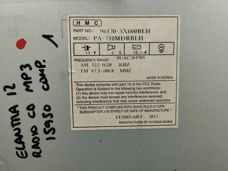 SISTEMA AUDIO RADIO CD HYUNDAI ELANTRA 2012 1.6 (132 CV)