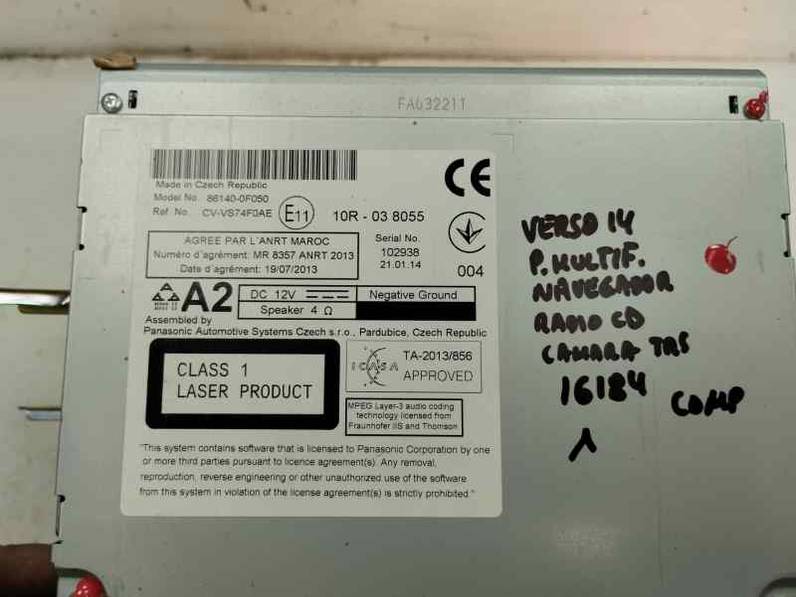 SISTEMA AUDIO RADIO CD TOYOTA VERSO 2014 1.6 D-4D - 82 KW (112 CV)