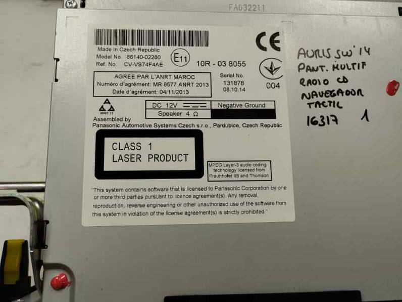 PANTALLA MULTIFUNCION TOYOTA AURIS TOURING SPORTS 2014 2.0 D-4D (124 CV)