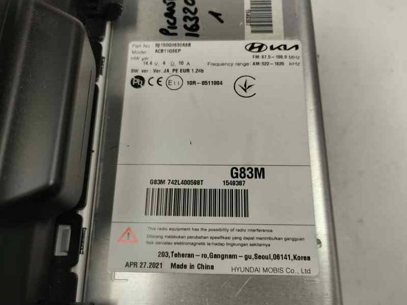 SISTEMA AUDIO RADIO CD KIA PICANTO 2021 1.0 MULTIPUNTO (68 CV)